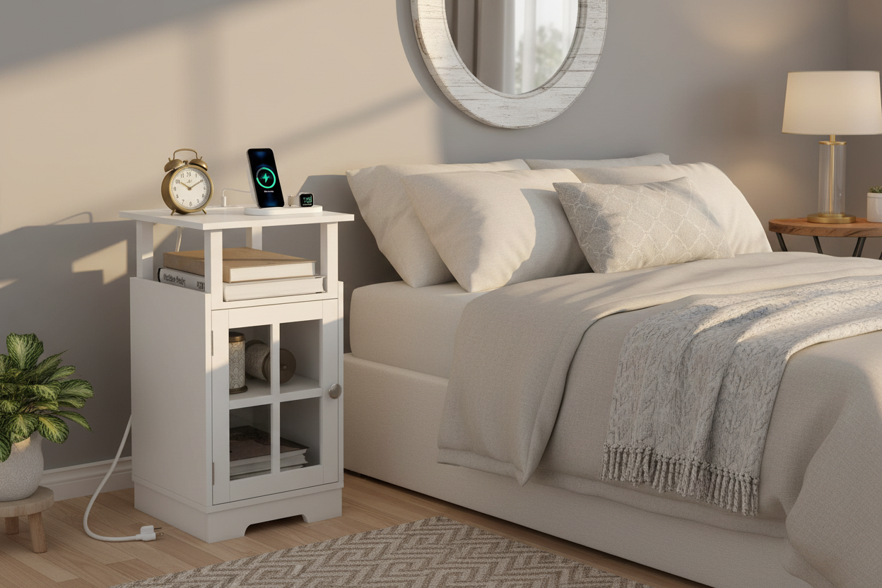 White End Table with Charging Station USB Ports Outlets and Storage - - table