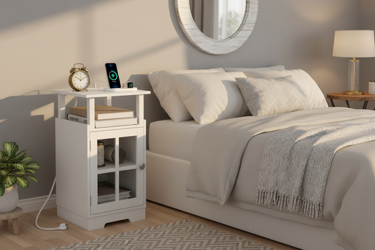 White End Table with Charging Station USB Ports Outlets and Storage - - table