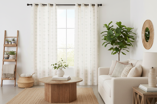 White & Green Vine Pattern Linen Grommet Curtain Set - - curtains