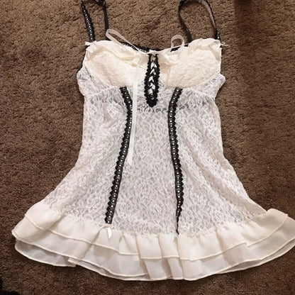 White Lace Grunge Cami Tank Top – Harajuku E-girl Punk Sleeveless Vest - White - Tank Tops