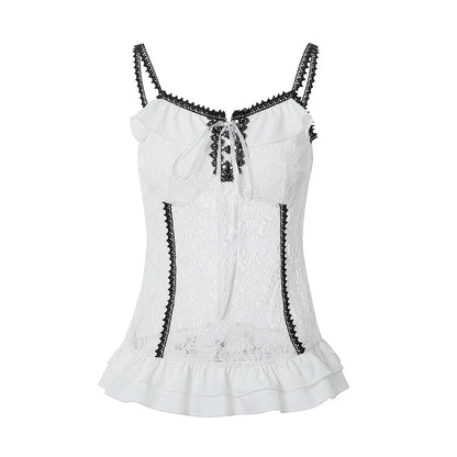 White Lace Grunge Cami Tank Top – Harajuku E-girl Punk Sleeveless Vest - - Tank Tops