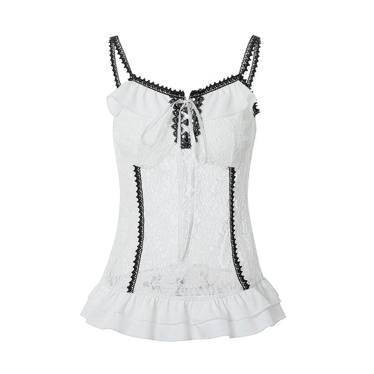 White Lace Grunge Cami Tank Top – Harajuku E-girl Punk Sleeveless Vest - - Tank Tops