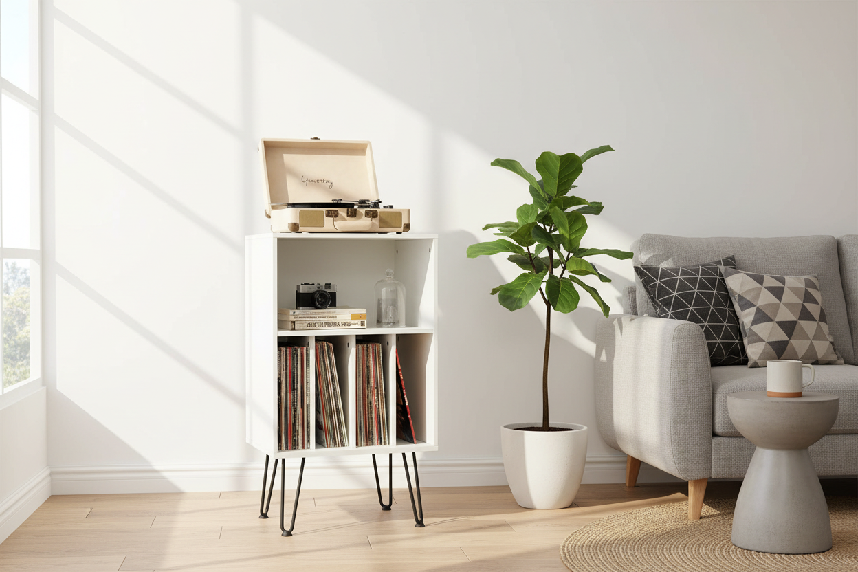 White 150 Album Record Player Stand with Vinyl Storage - - cabinet