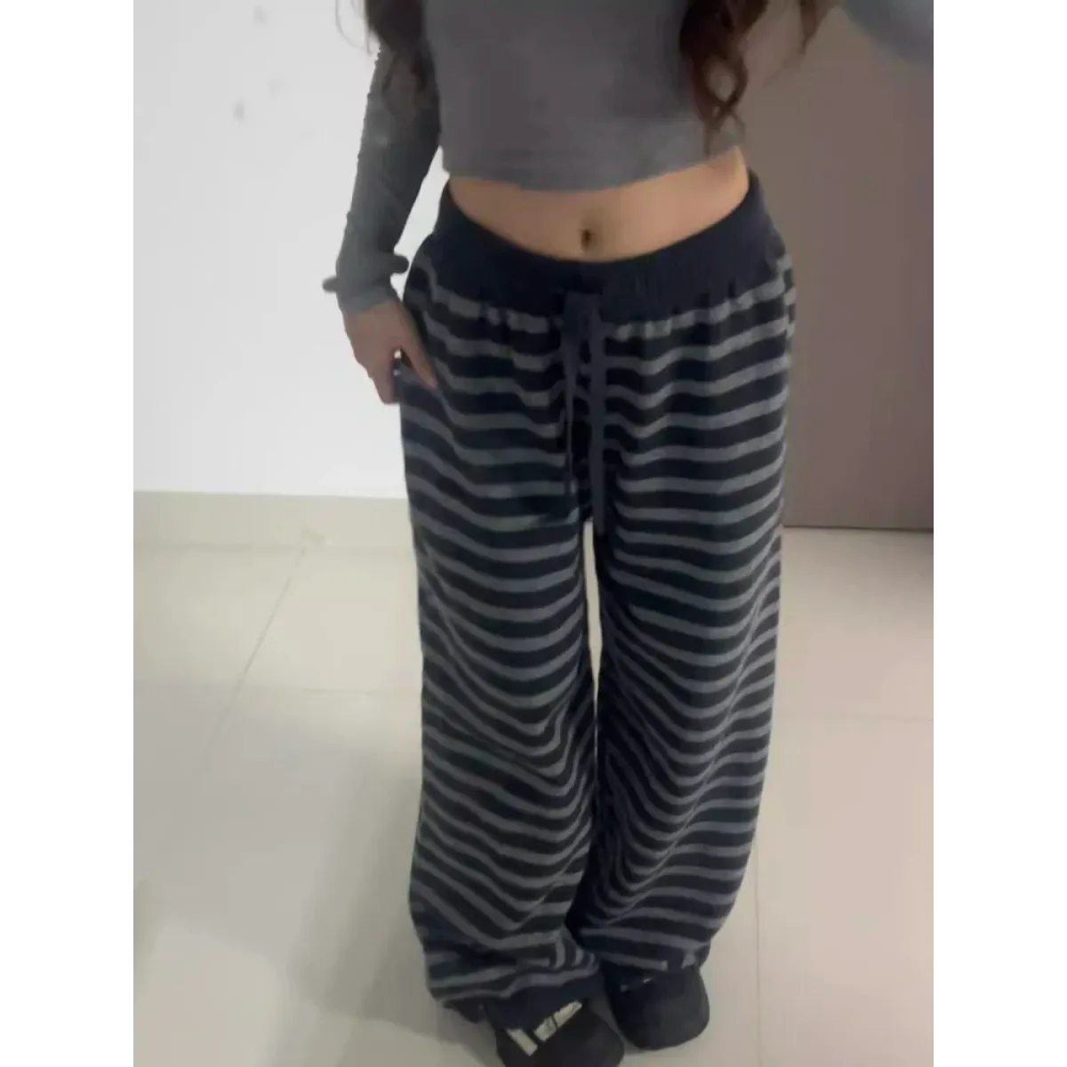 Grunge Stripe Knit Wide Leg Pants - - Trousers
