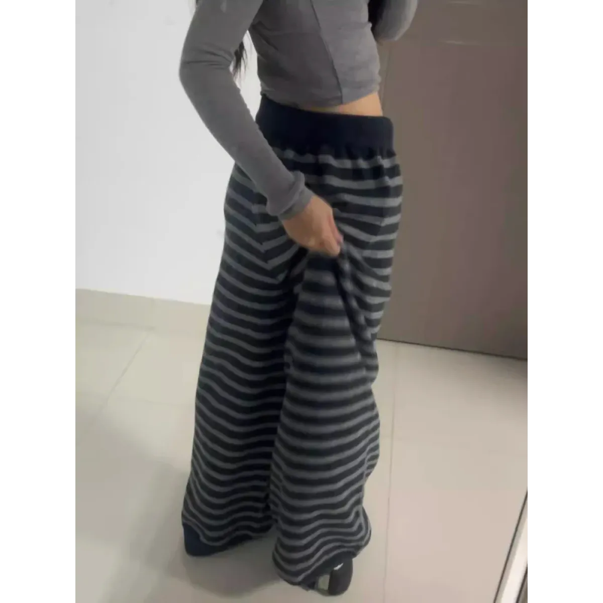 Grunge Stripe Knit Wide Leg Pants - - Trousers