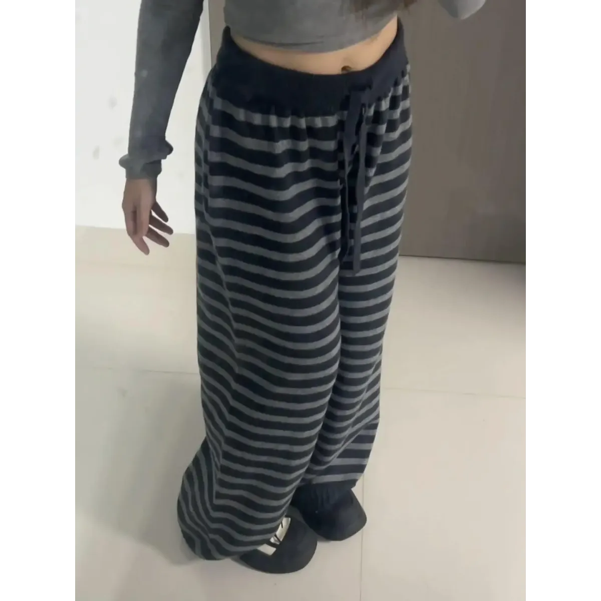 Grunge Stripe Knit Wide Leg Pants - - Trousers