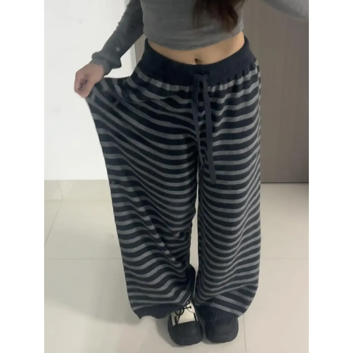 Grunge Stripe Knit Wide Leg Pants - - Trousers