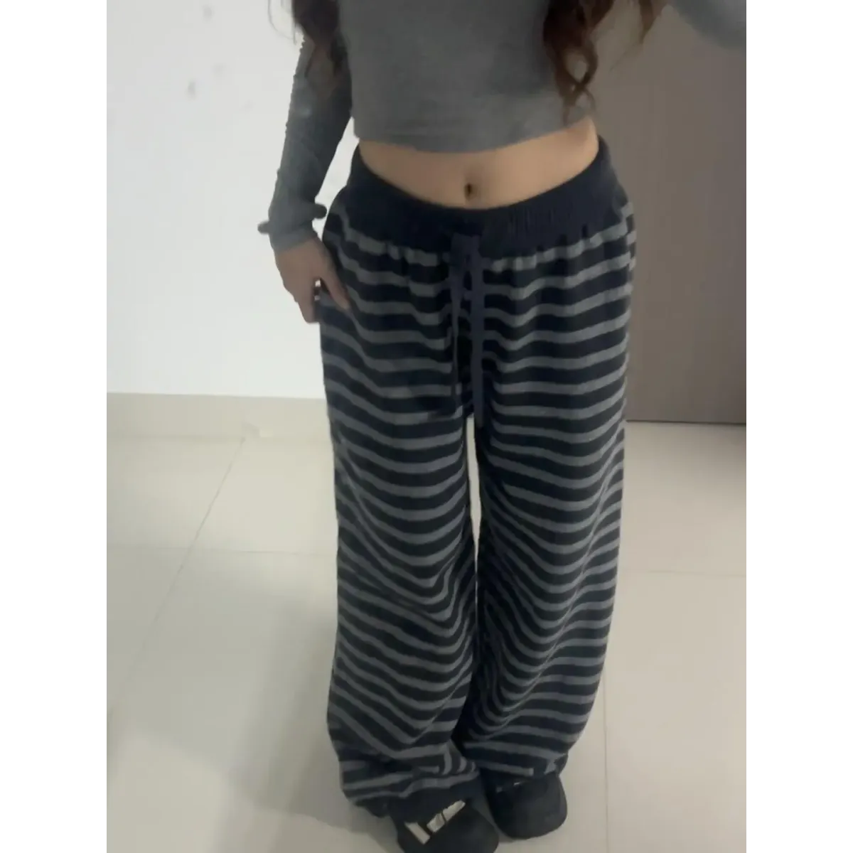 Grunge Stripe Knit Wide Leg Pants - - Trousers
