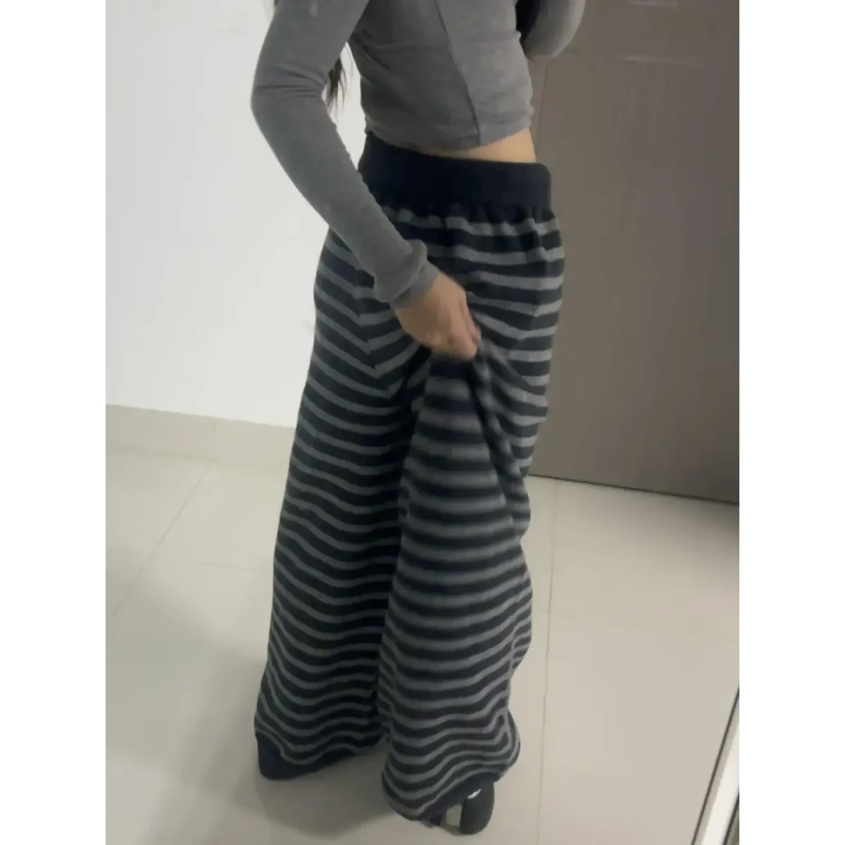 Grunge Stripe Knit Wide Leg Pants - - Trousers