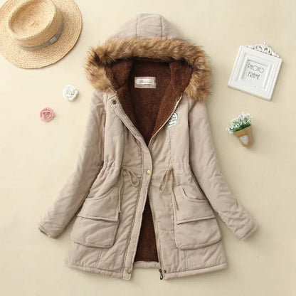 Women's Winter Cotton Jacket - Hooded Slim Fit Warm Parka - Khaki - Women's Jackets