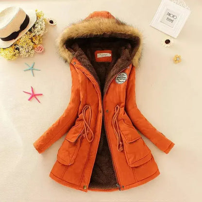 Women's Winter Cotton Jacket - Hooded Slim Fit Warm Parka - Orange - Women's Jackets