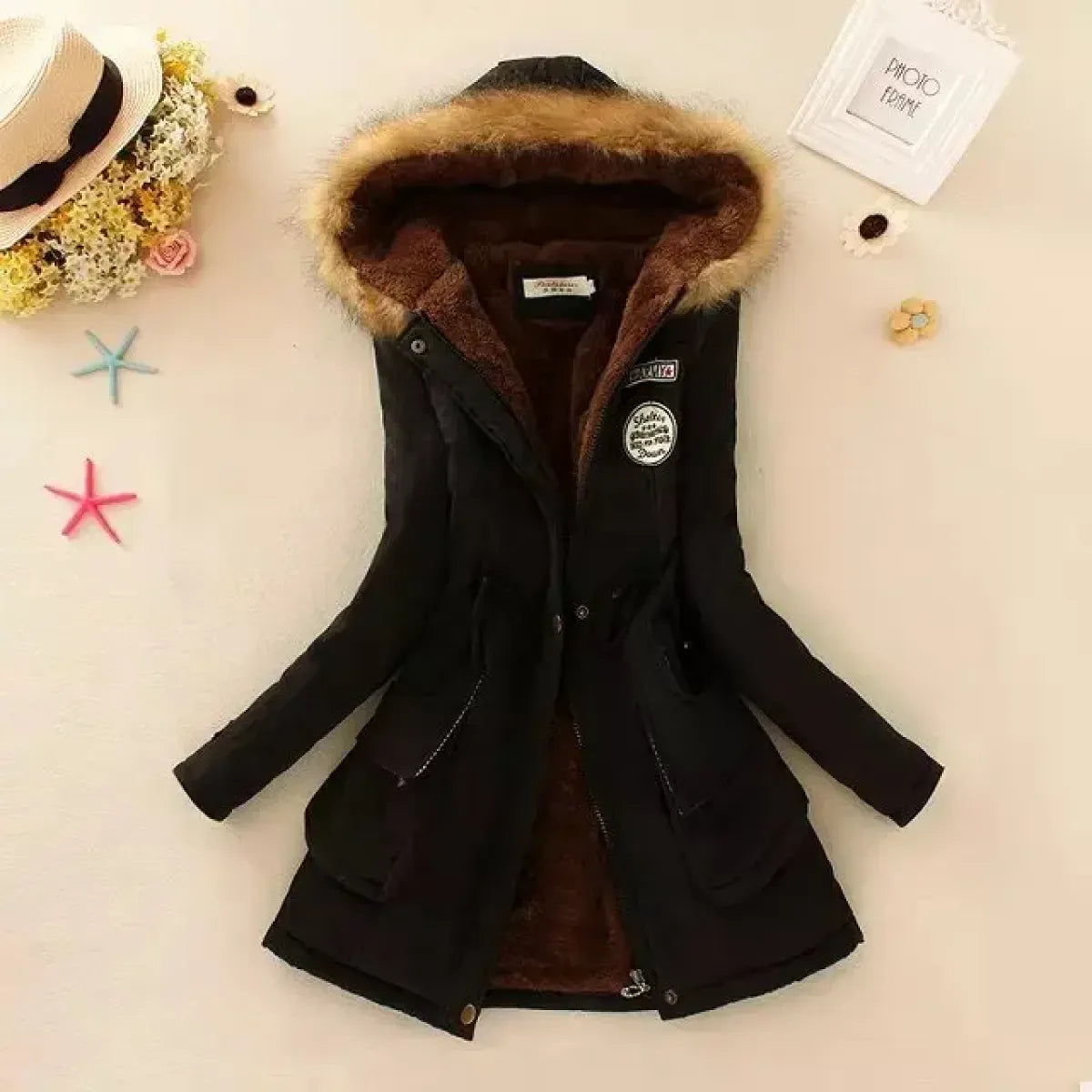 Women's Winter Cotton Jacket - Hooded Slim Fit Warm Parka - Black - Women's Jackets