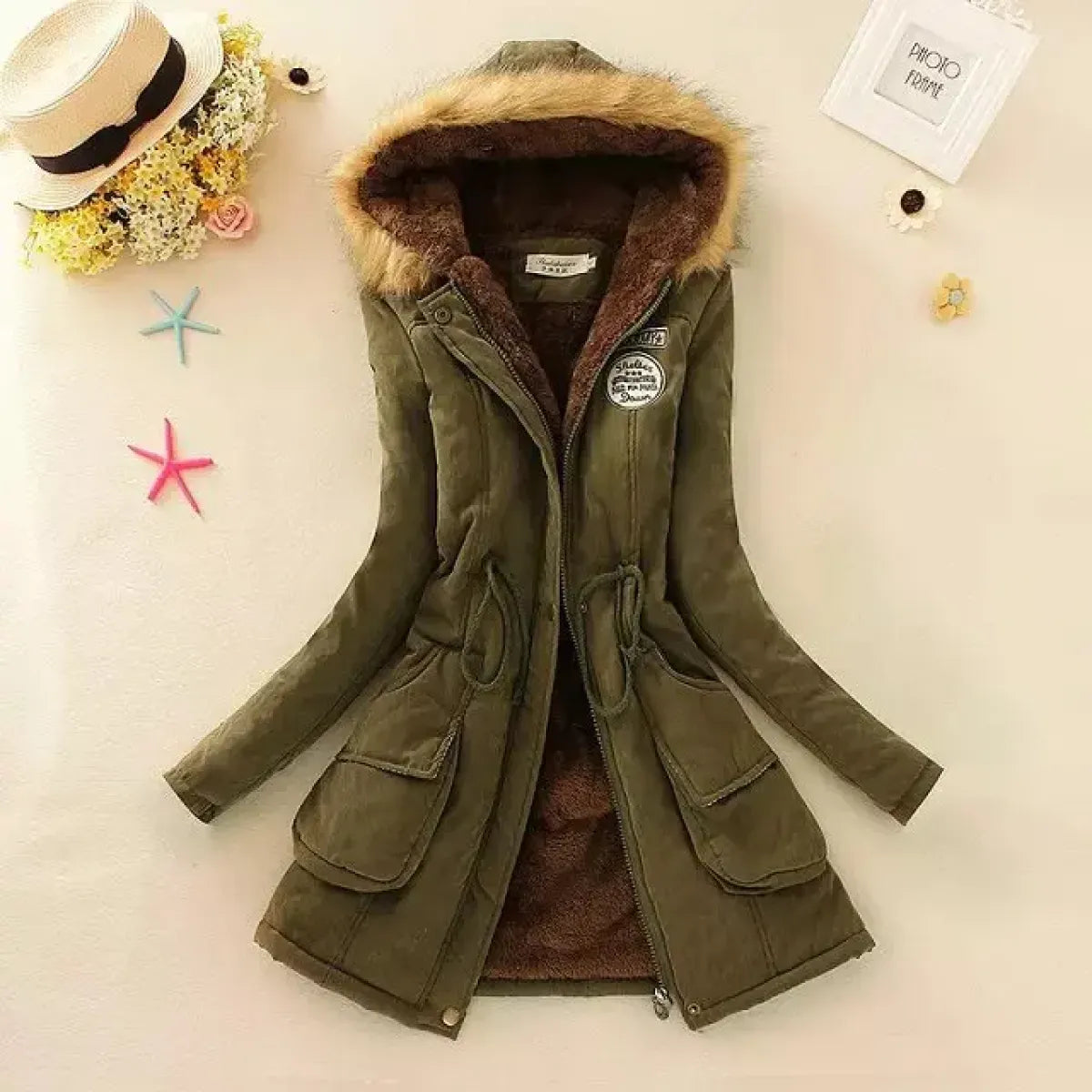 Women's Winter Cotton Jacket - Hooded Slim Fit Warm Parka - Dark Green - Women's Jackets
