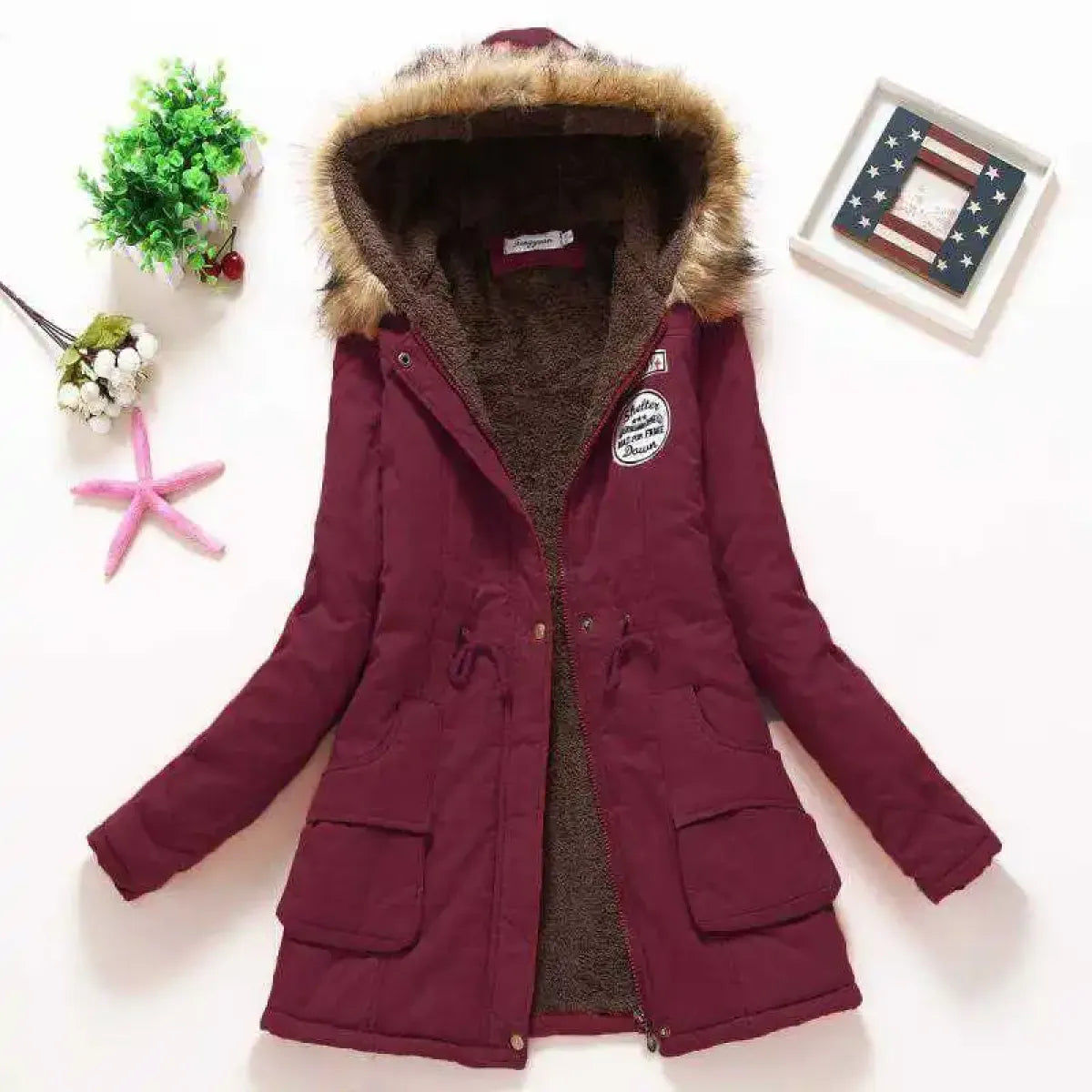 Women's Winter Cotton Jacket - Hooded Slim Fit Warm Parka - Dark Red - Women's Jackets