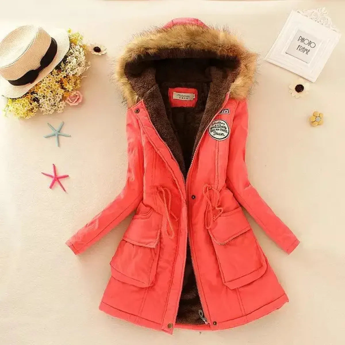 Women's Winter Cotton Jacket - Hooded Slim Fit Warm Parka - Light Red - Women's Jackets