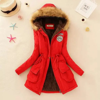 Women's Winter Cotton Jacket - Hooded Slim Fit Warm Parka - Red - Women's Jackets