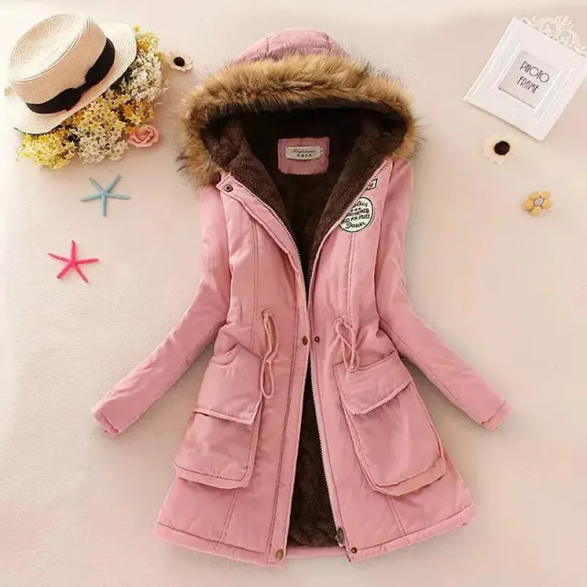 Women's Winter Cotton Jacket - Hooded Slim Fit Warm Parka - Pink - Women's Jackets