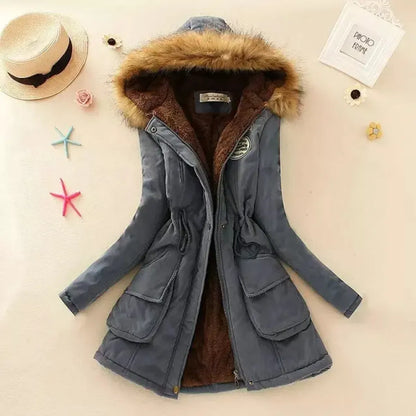 Women's Winter Cotton Jacket - Hooded Slim Fit Warm Parka - Dark Blue - Women's Jackets