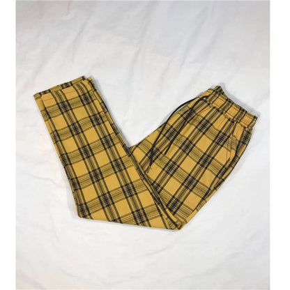 Women Streetwear Plaid Pants - Yellow -