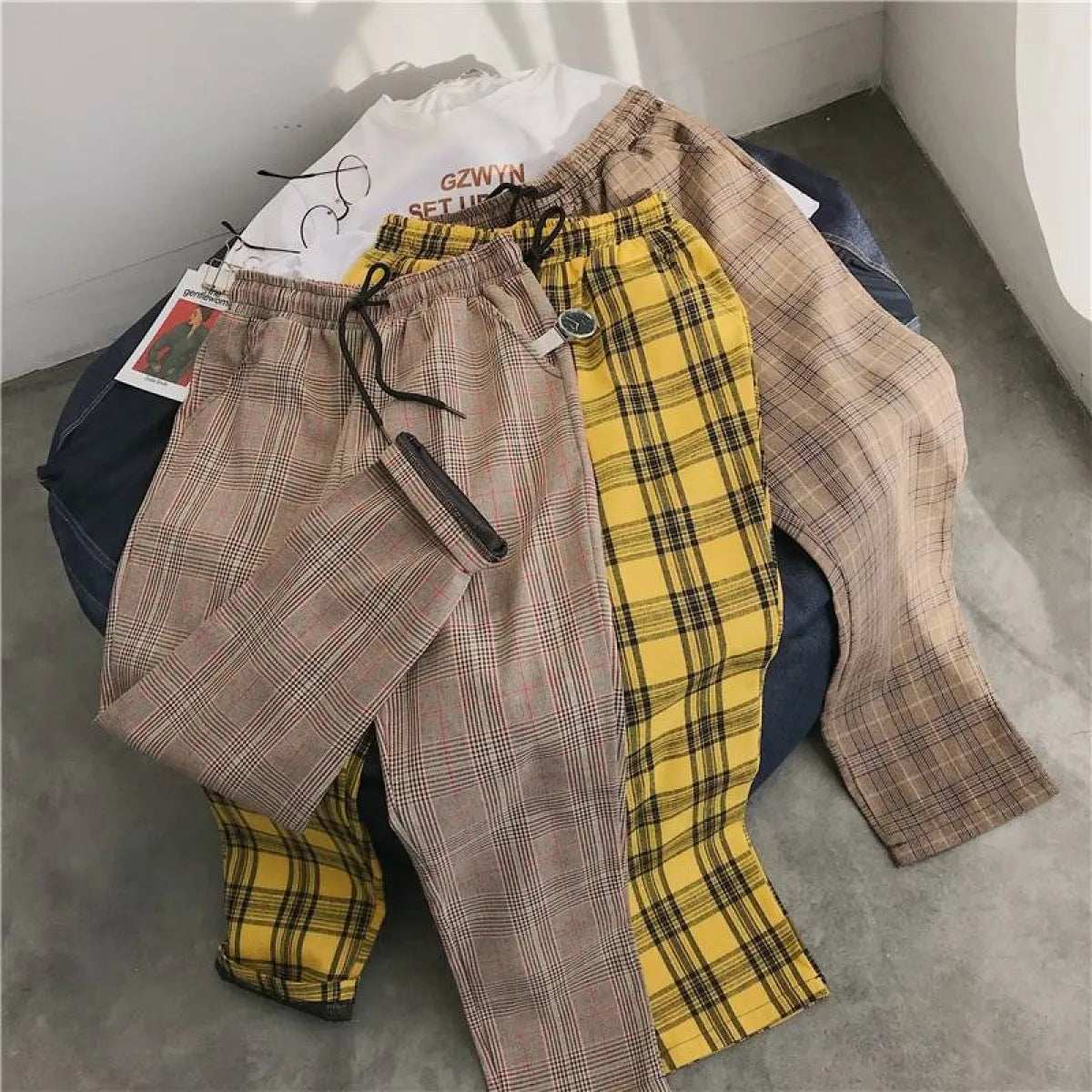 Women Streetwear Plaid Pants - -