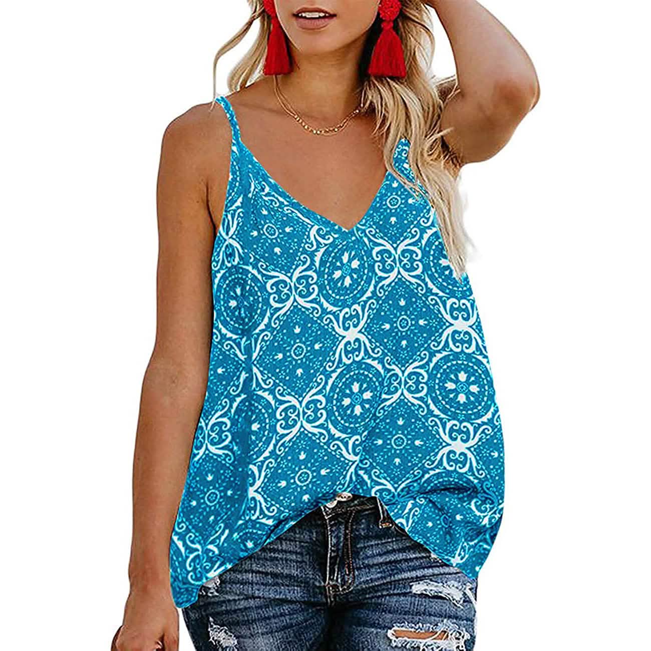 Women's Boho Floral V Neck Spaghetti Straps Tank Top Summer Sleeveless Shirts Blouse- DailySale- {{Product type}}