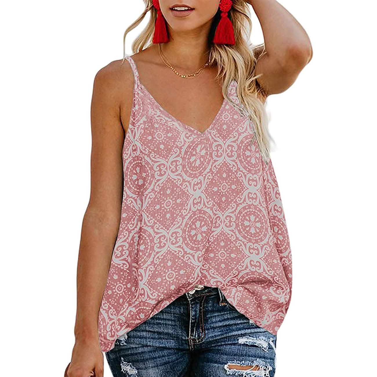 Women's Boho Floral V Neck Spaghetti Straps Tank Top Summer Sleeveless Shirts Blouse- DailySale- {{Product type}}