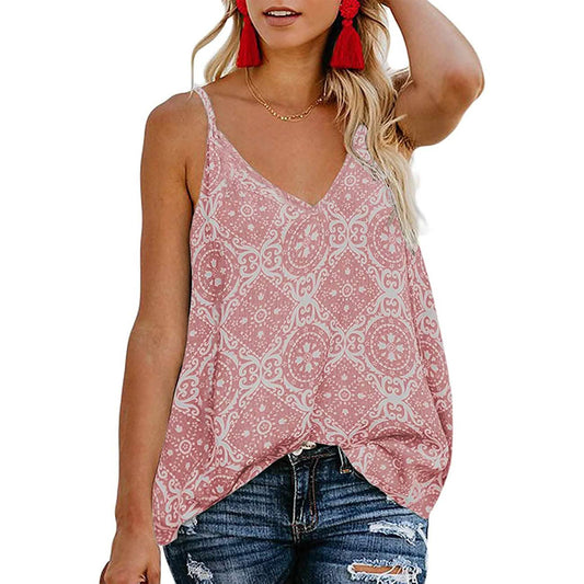 Women's Boho Floral V Neck Spaghetti Straps Tank Top Summer Sleeveless Shirts Blouse - Pink - Women's Tops