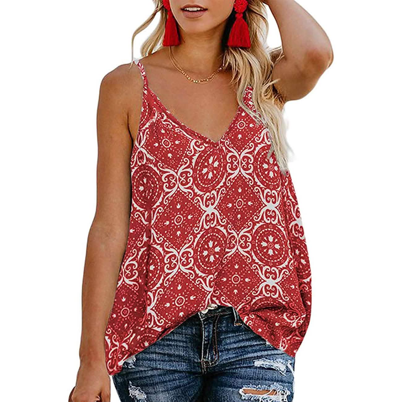 Women's Boho Floral V Neck Spaghetti Straps Tank Top Summer Sleeveless Shirts Blouse- DailySale- {{Product type}}