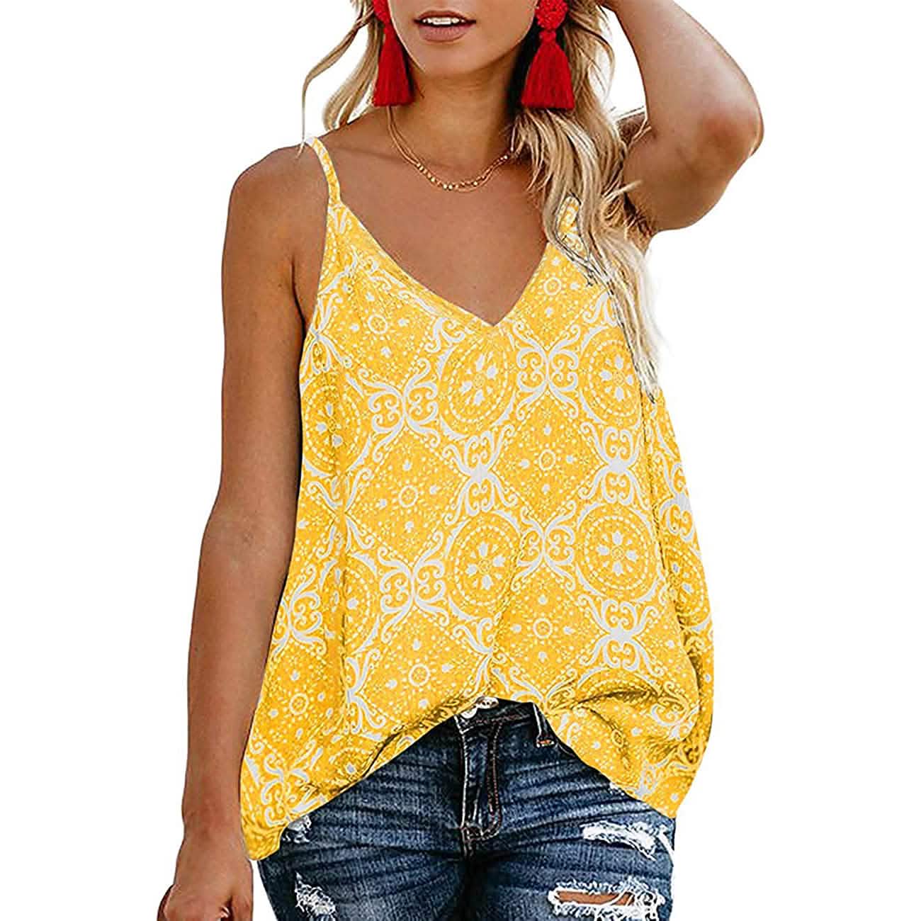 Women's Boho Floral V Neck Spaghetti Straps Tank Top Summer Sleeveless Shirts Blouse- DailySale- {{Product type}}
