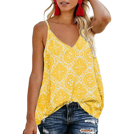 Women's Boho Floral V Neck Spaghetti Straps Tank Top Summer Sleeveless Shirts Blouse - Yellow - Women's Tops