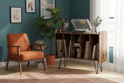 Wooden Large Vinyl Record Stand with Metal Legs - - cabinet