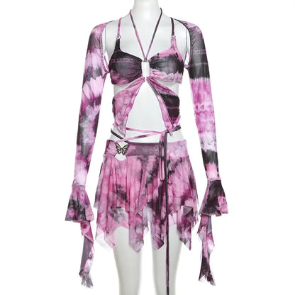 Tie-Dye Fairy Set – Butterfly Crop Top & Wrap Mini Skirt - Pink - Sets