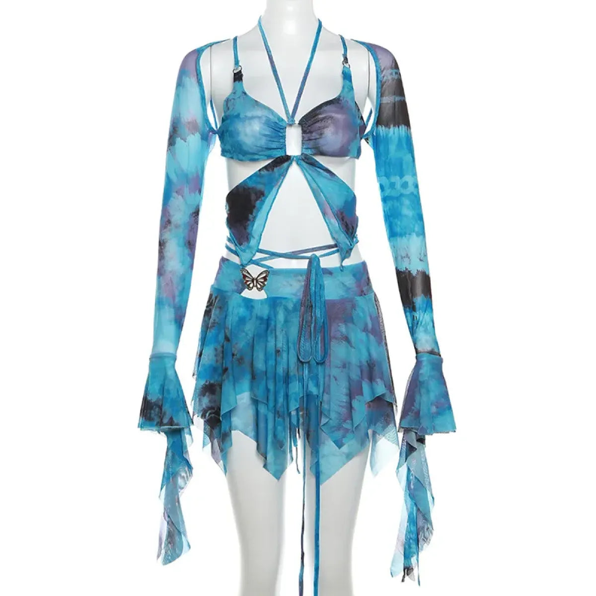 Tie-Dye Fairy Set – Butterfly Crop Top & Wrap Mini Skirt - Blue - Sets