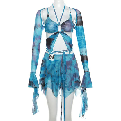 Tie-Dye Fairy Set – Butterfly Crop Top & Wrap Mini Skirt - Blue - Sets