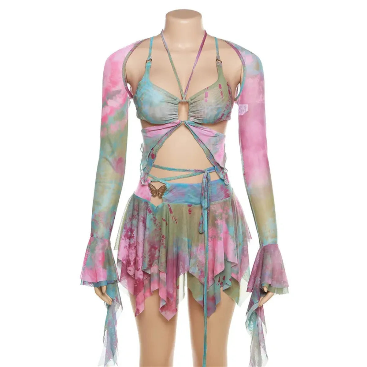 Tie-Dye Fairy Set – Butterfly Crop Top & Wrap Mini Skirt - Green - Sets