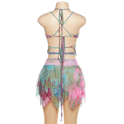 Tie-Dye Fairy Set – Butterfly Crop Top & Wrap Mini Skirt - - Sets