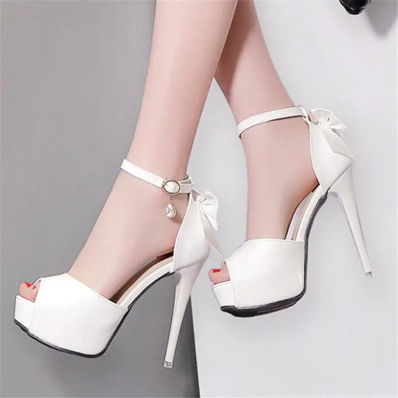 12CM Stiletto Heels with Bow and Open Toe Design - White 35 - heels