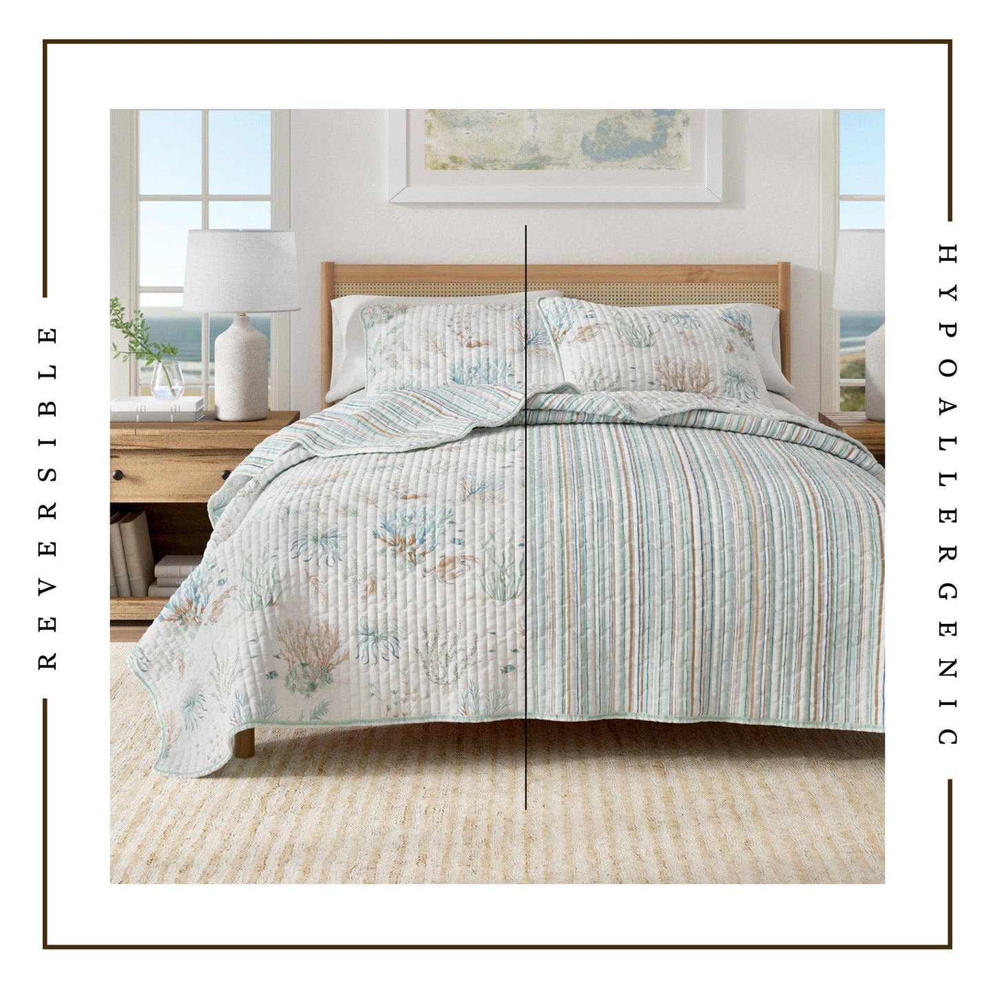Coastal Printed Cotton Quilt Set - Santa Barbara Collection - - Quilts & Comforters