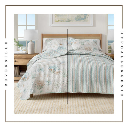 Coastal Printed Cotton Quilt Set - Santa Barbara Collection - - Quilts & Comforters