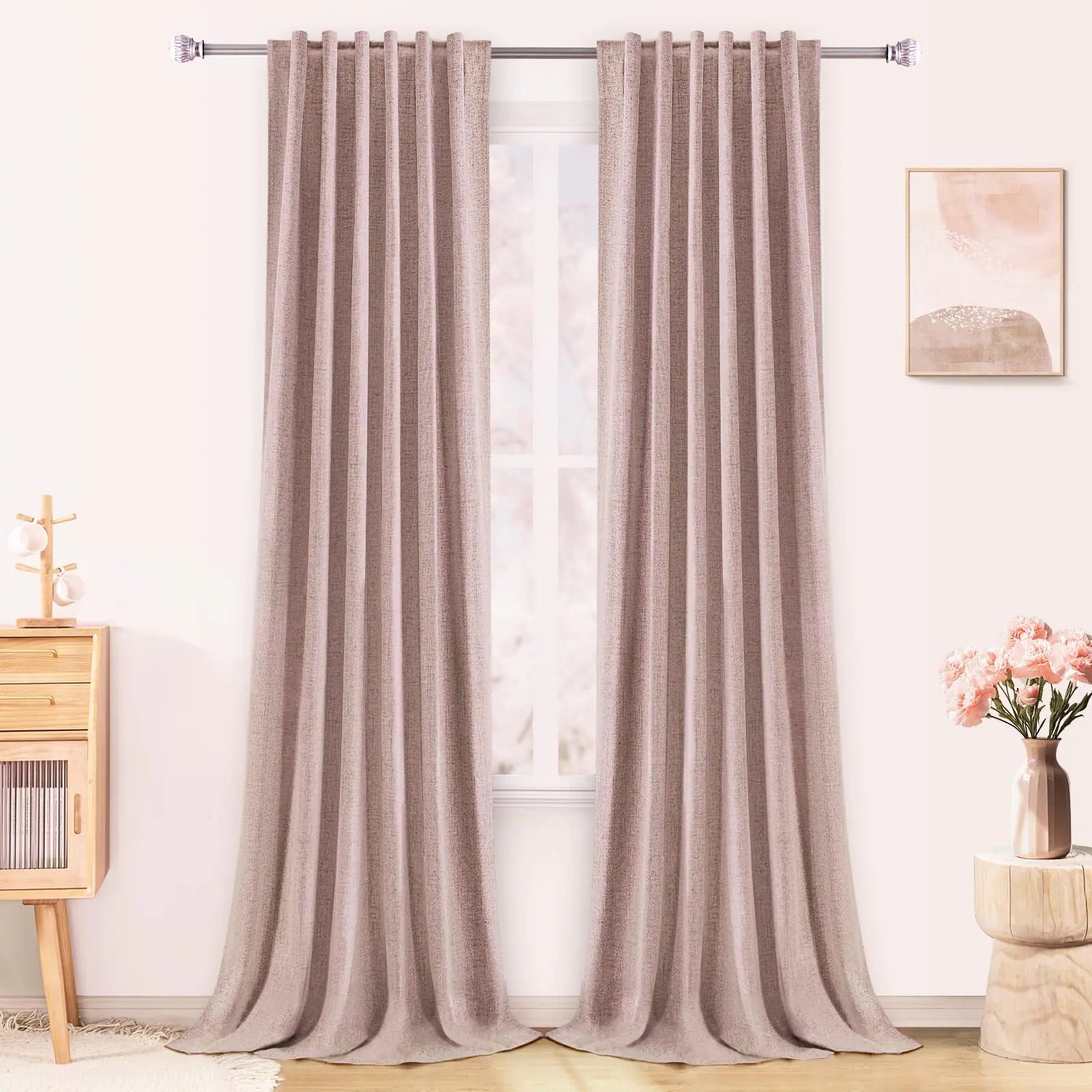 Linen Full Blackout Textured Curtains 2 Panels Set Back Tab Thermal Insulated 90 Inches Long - Kia Day Design