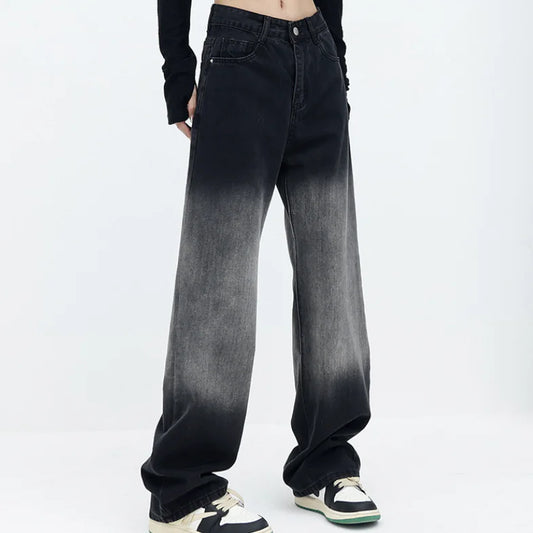 High Waist Black Washed Gradient Straight Leg Jeans - - jeans