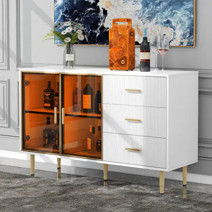 Modern Sideboard, Buffet Cabinet With Marble Sticker Top And Amber Tempered Glass Door With Gold Metal Legs And Handles - Kia Day Design