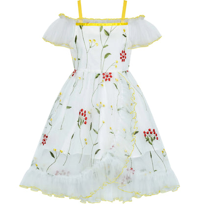 Girls Off Shoulder Flower Embroidered Ruffled Party Dress - White 6 - dress