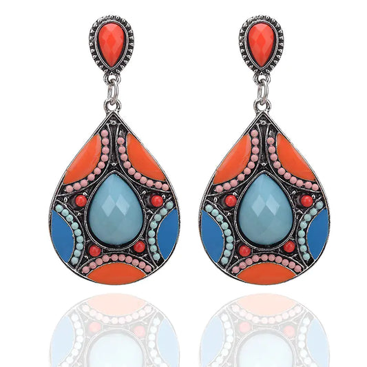 Resin Water Drop Earrings with Bead Patterns - Blue - earrings