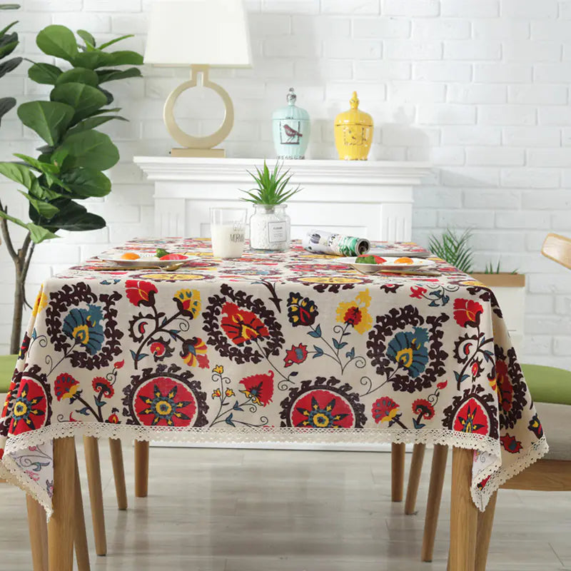 Sunflower Cotton Linen Tablecloth with Vintage Lace - Kia Day Design