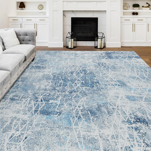 Navy Blue Non-Slip Abstract Rug Low-Pile Machine Washable - Kia Day Design