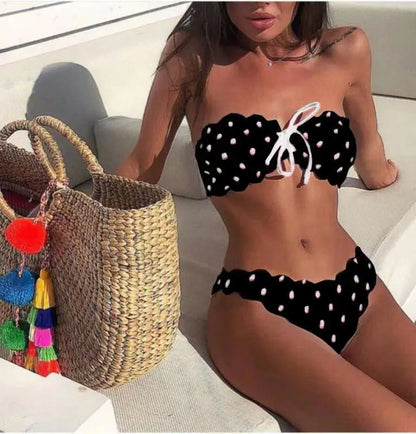 Polka Dot Printed Bikini Set - Black L - bikini