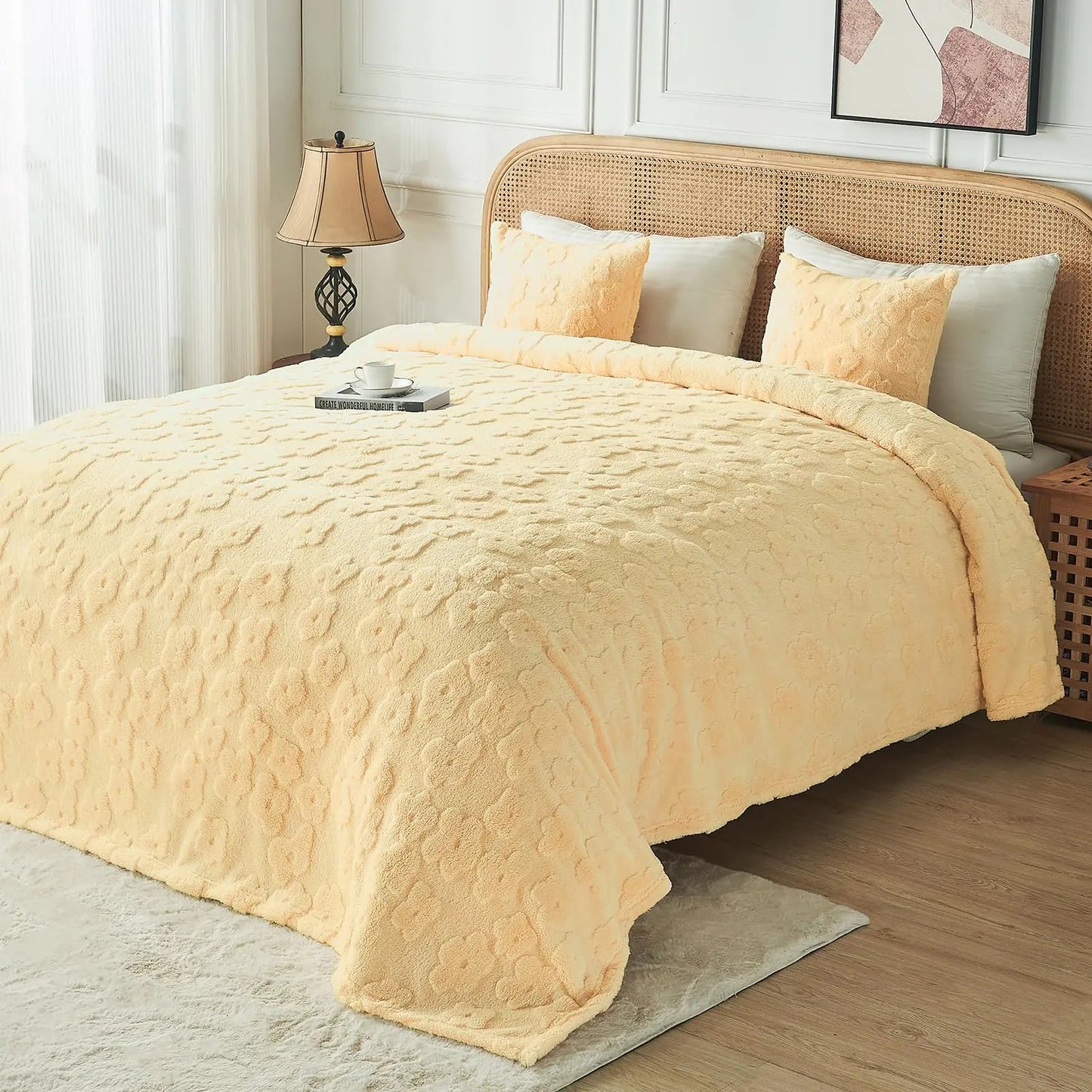 FY FIBER HOUSE Flower Throw Blanket Ultra Soft Blanket Fuzzy Twin Blanket for Bed Couch Sofa 60"x80" Light Yellow Kia Day Design