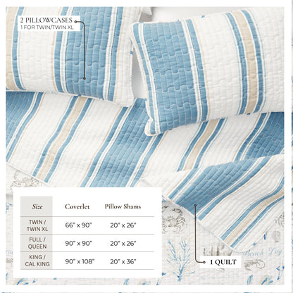 Stripe & Ocean Story Coastal Quilt Set - New Castle Collection - - Quilts & Comforters