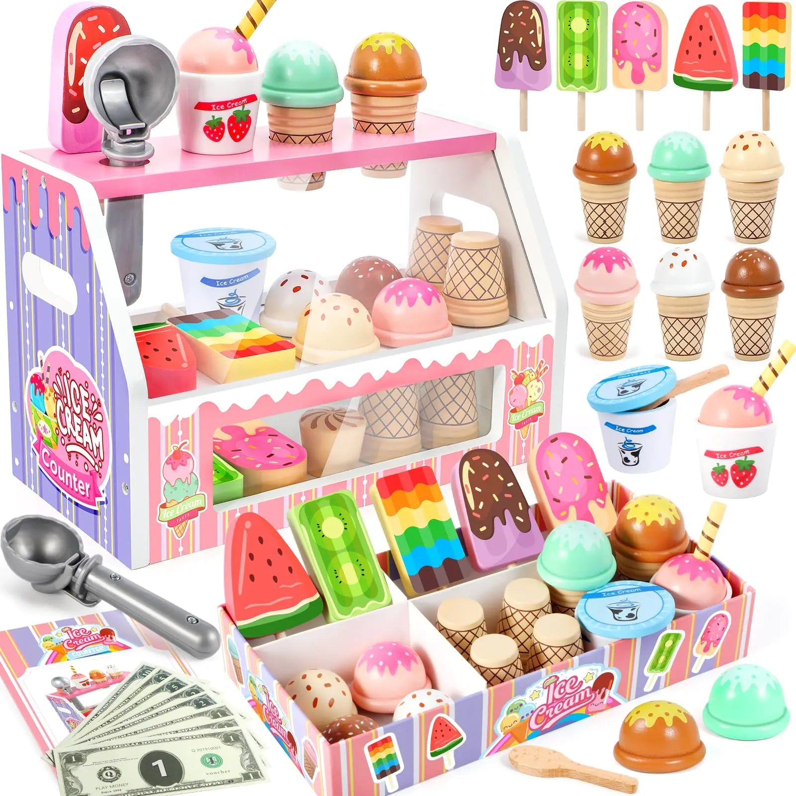 Loscola Wooden Ice Cream Counter Shop Playset for Kids - - pretend play